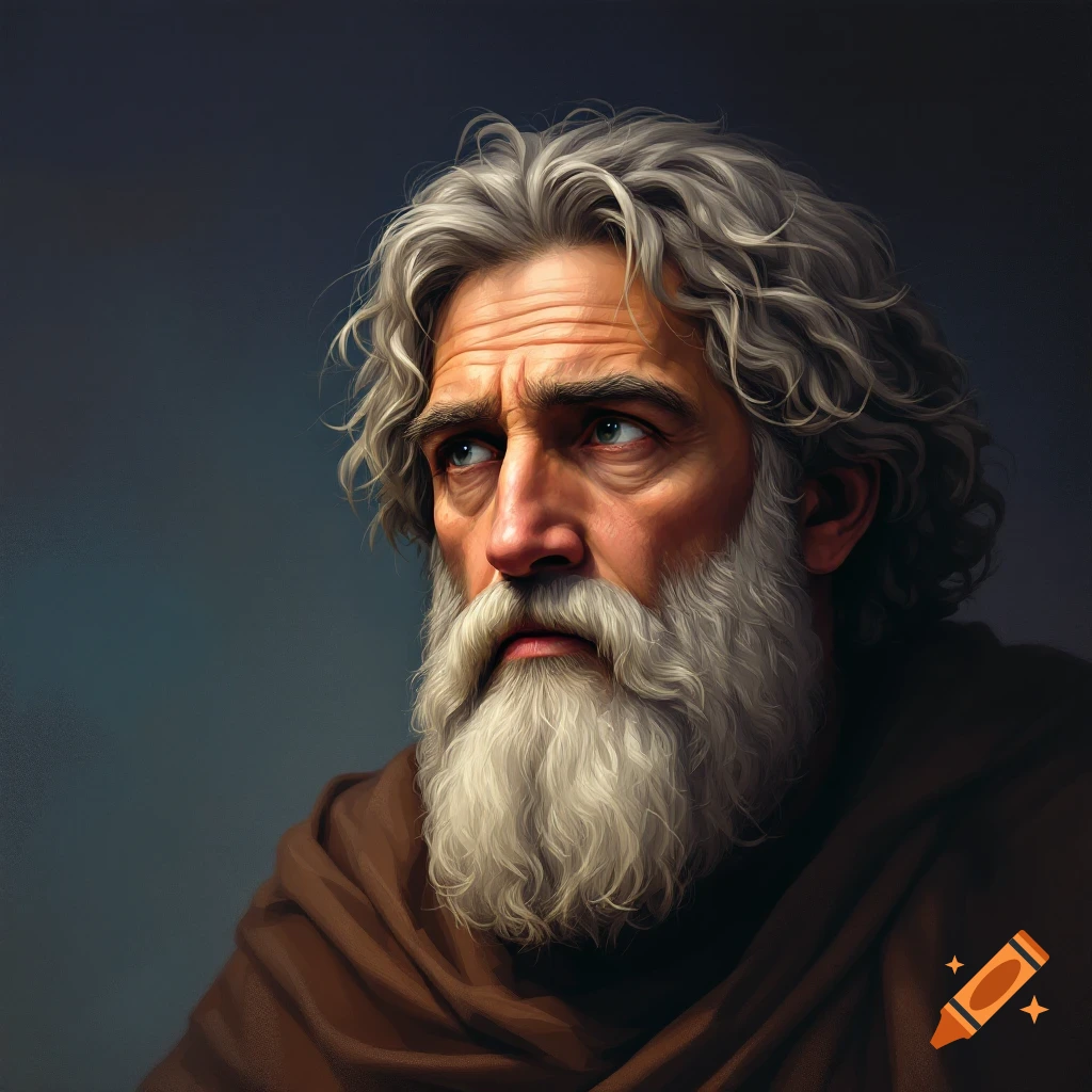 Detailed portrait of an old man with a grey beard and brown cloak.