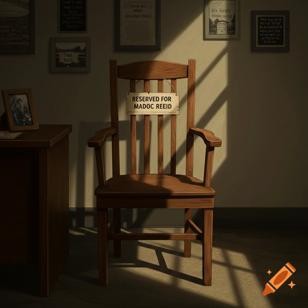 A wooden chair with a 'Reserved for Madoc Reid' sign in a sunlit room with framed pictures on the wall.