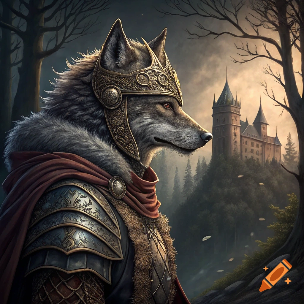 A wolf in fantasy armor and crown stands in a forest with a castle behind it.