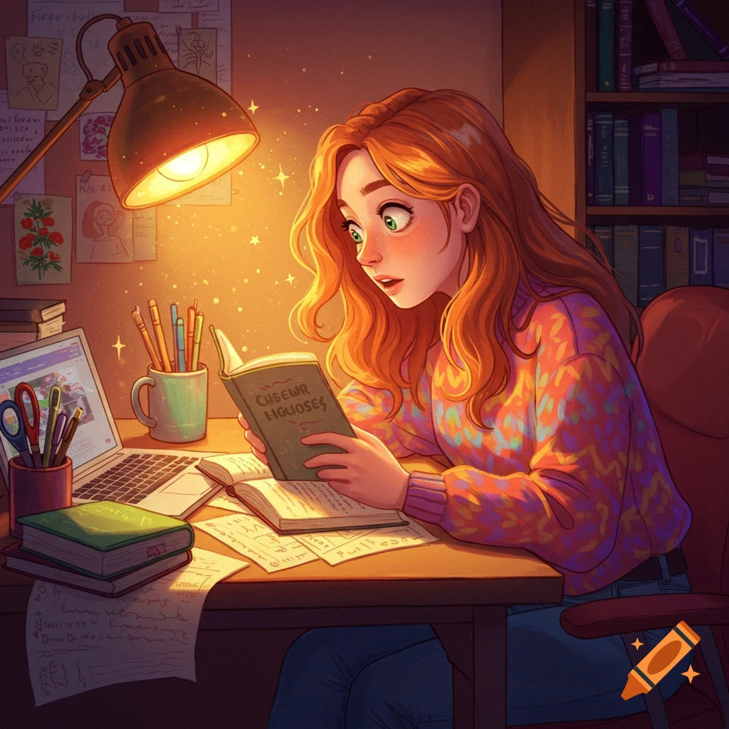 Illustration of a person studying at a desk with books, laptop, and lamp.