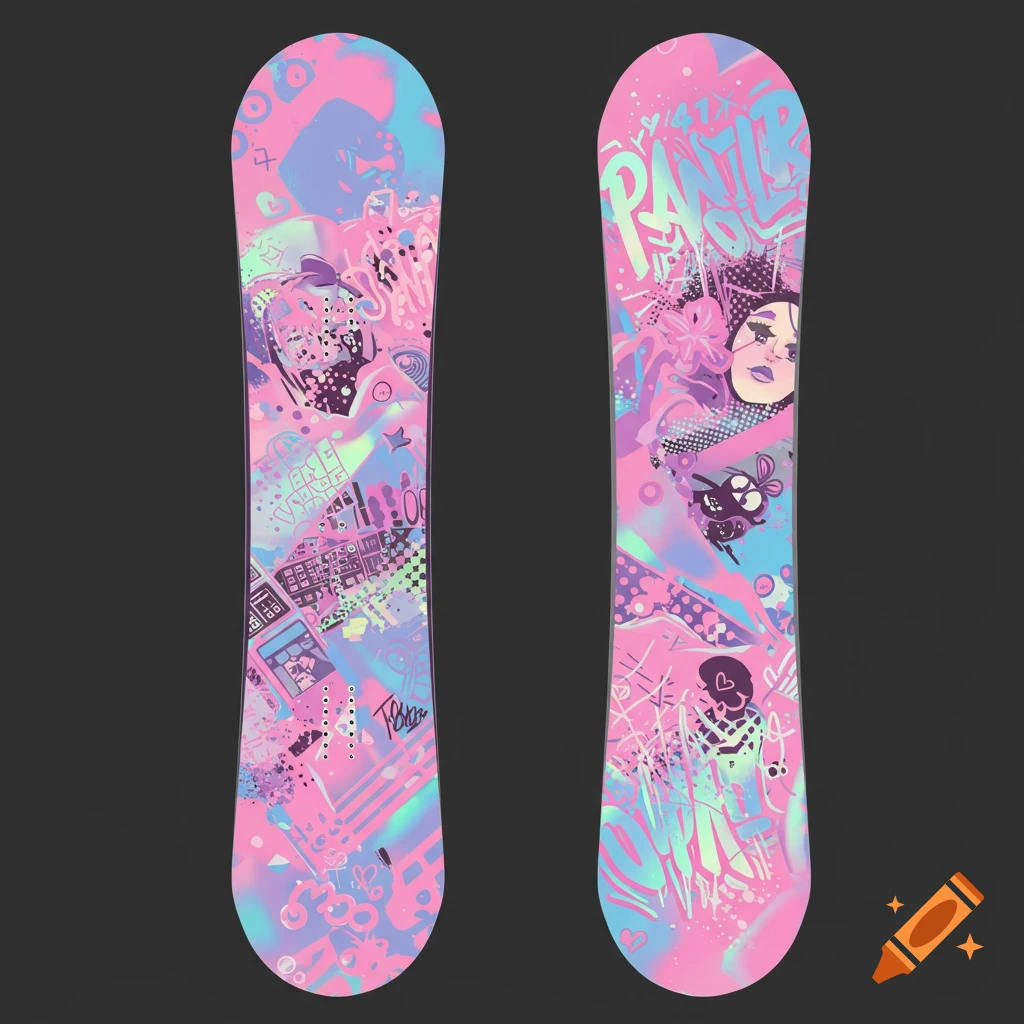 Two snowboards with chaotic pink, blue, and purple edgy graphic design featuring faces, shapes, and text.