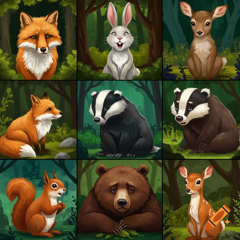 Grid of cartoon woodland animal illustrations with various emotions in a forest.