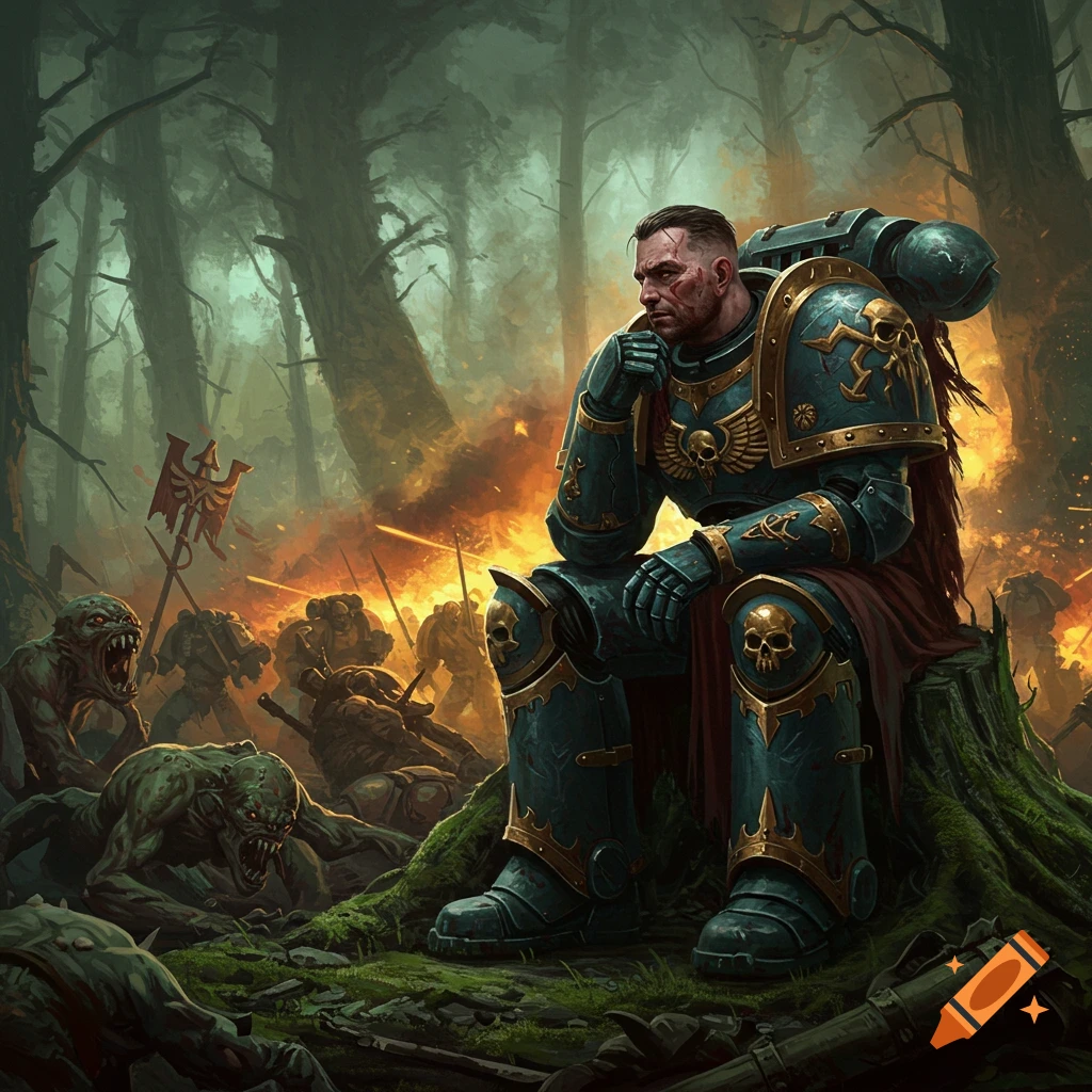 A space marine in blue armor sits on a stump in a forest, watching a battle rage in the background.