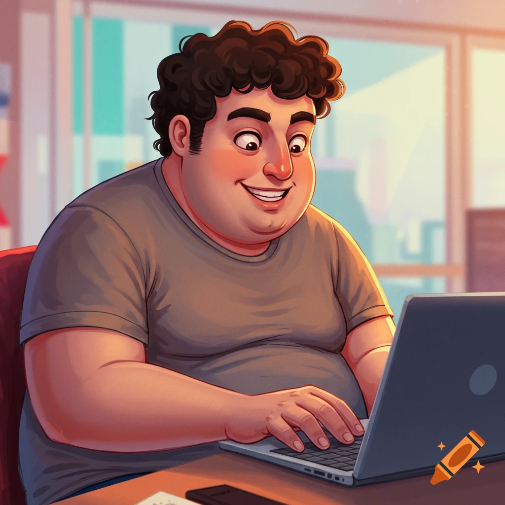Illustration of a smiling chubby man typing on a laptop.