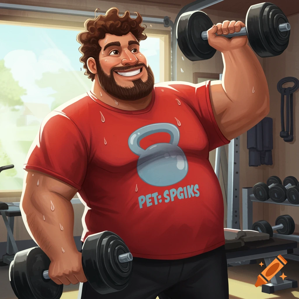 Cartoon man lifting dumbbells in a gym.