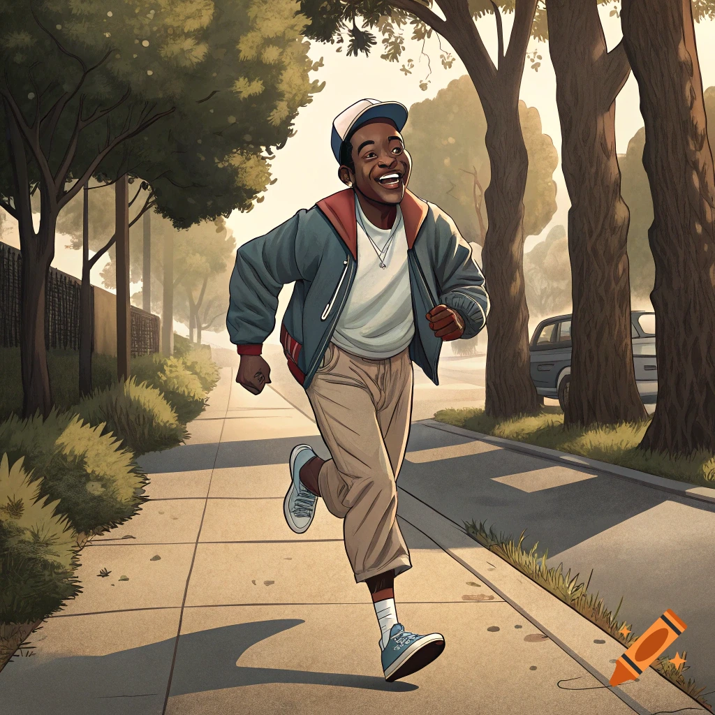 Illustrative portrait of a smiling Black man running down a tree-lined sidewalk