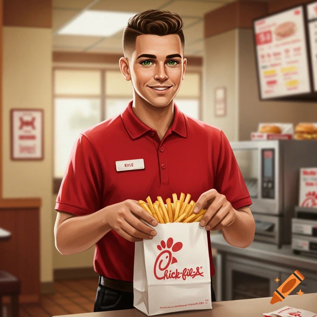 A young man in a red polo shirt with a name tag reading 'KYLE' smiles while putting fries into a Chick-fil-A bag.