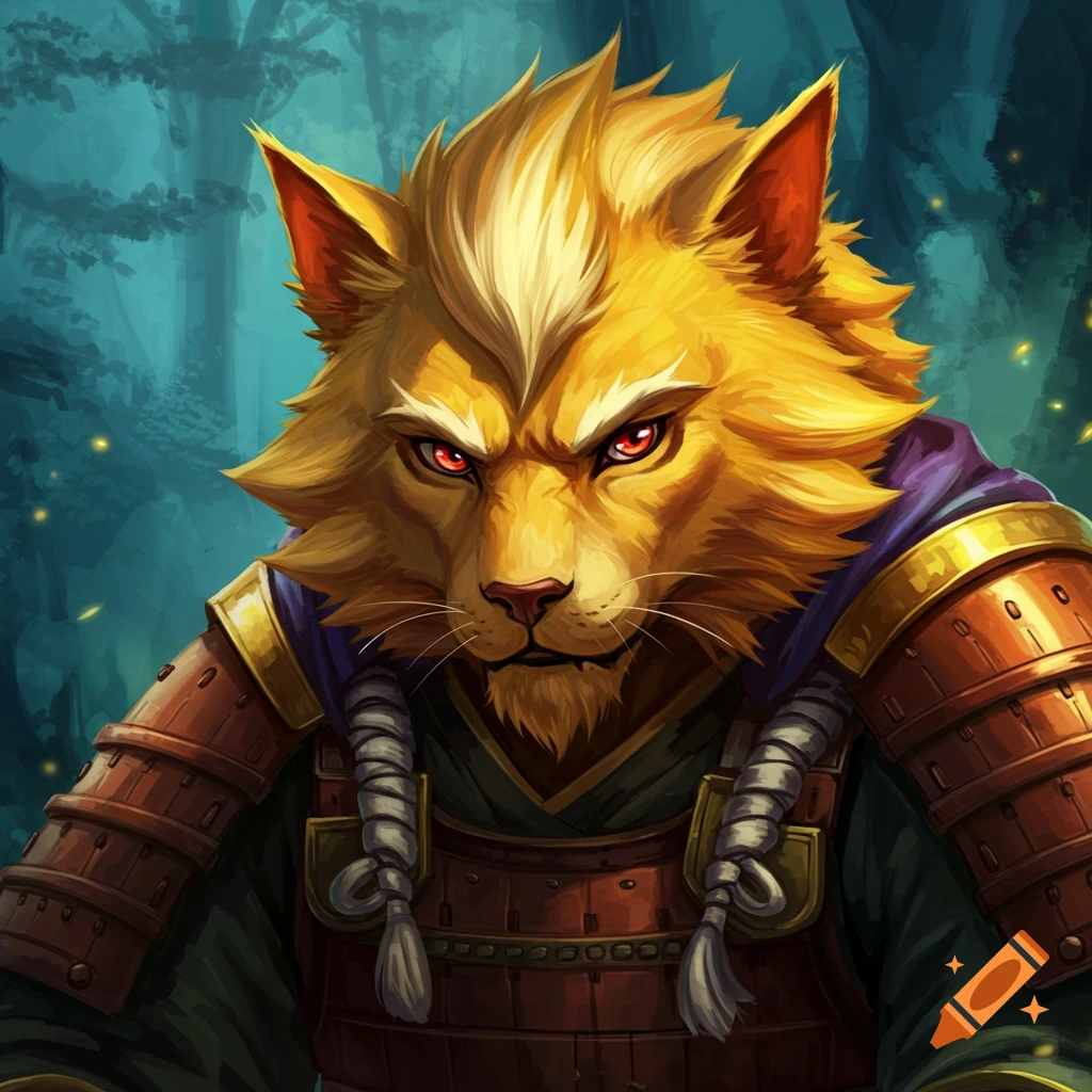 A cat-like furry character in samurai armor stands in a forest.