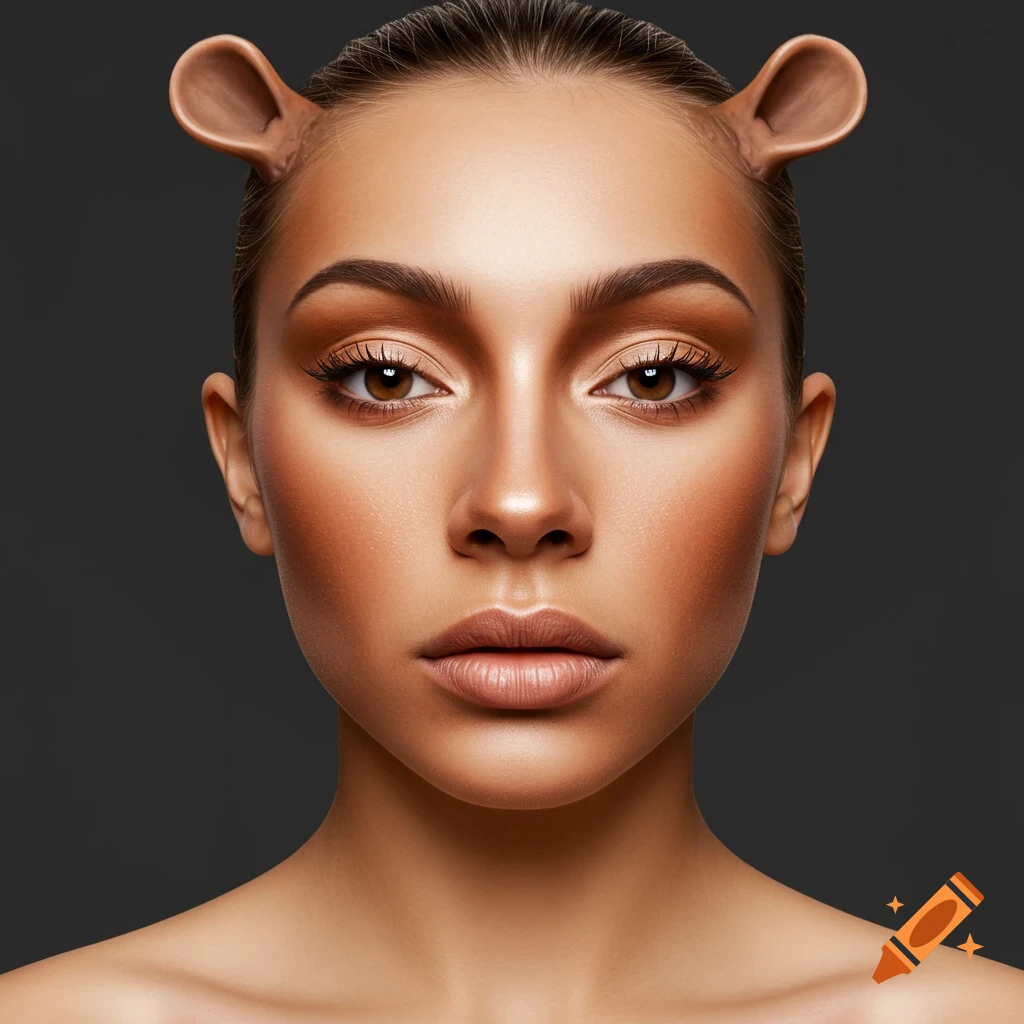 Photorealistic close-up portrait of a woman with prosthetic ears