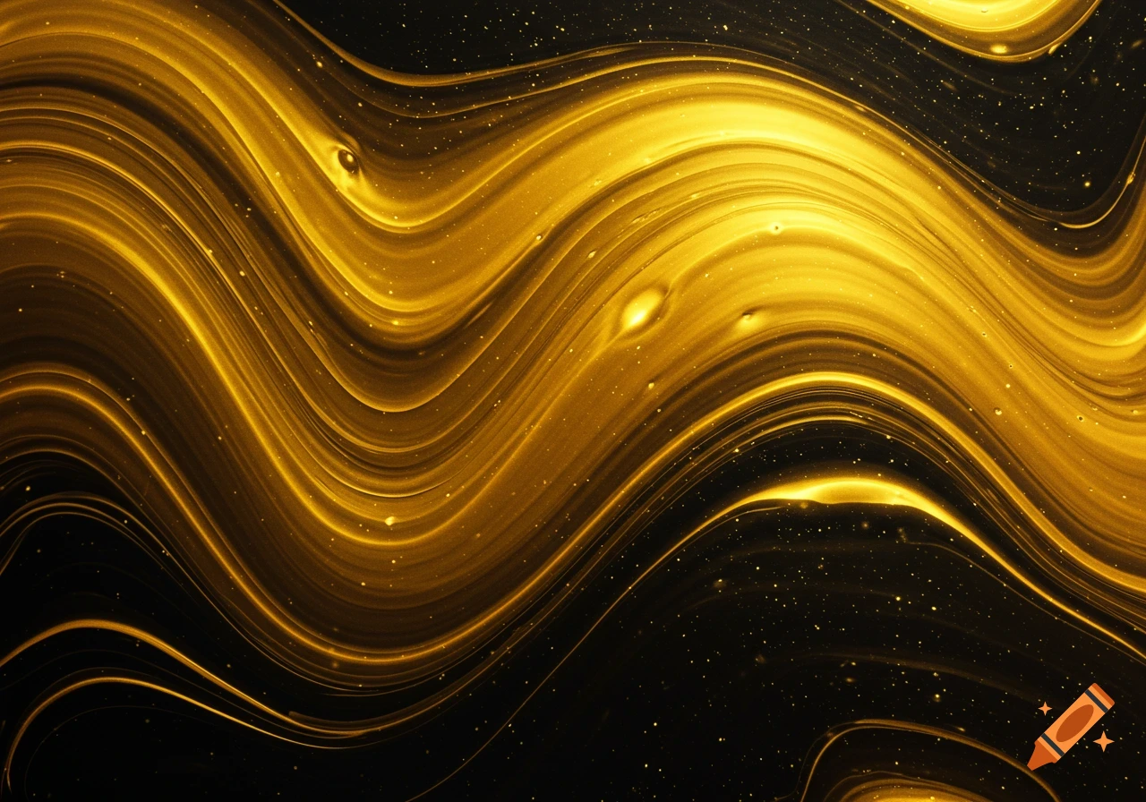 Abstract golden fluid waves with sparkles on a black background.