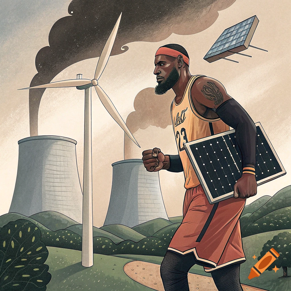 Illustration of Lebron James with a solar panel near power plants and a wind turbine.