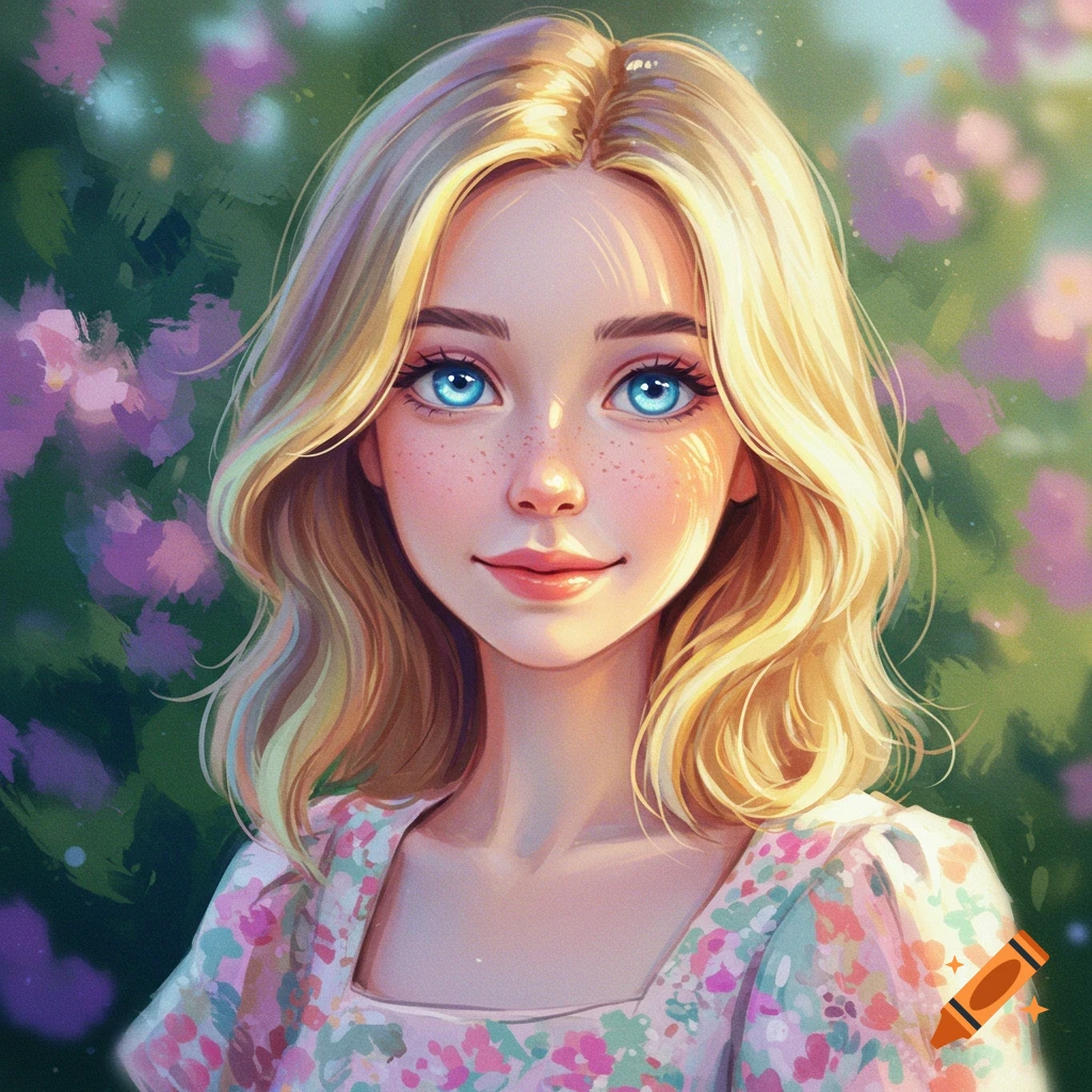 Digital art portrait of a blonde girl with blue eyes and freckles, floral background