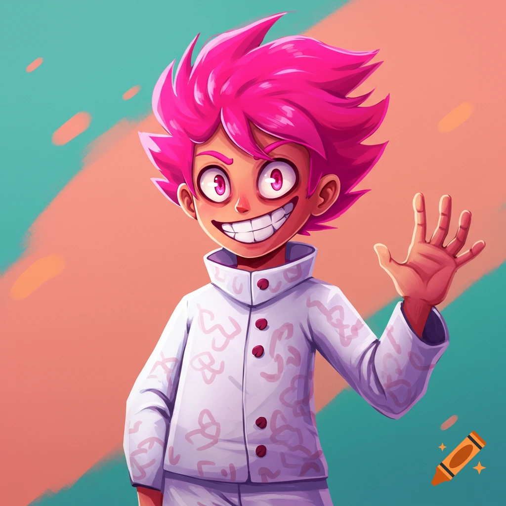 Stylized illustration of a character with pink hair, wide eyes, and a big smile, wearing a white coat and waving.