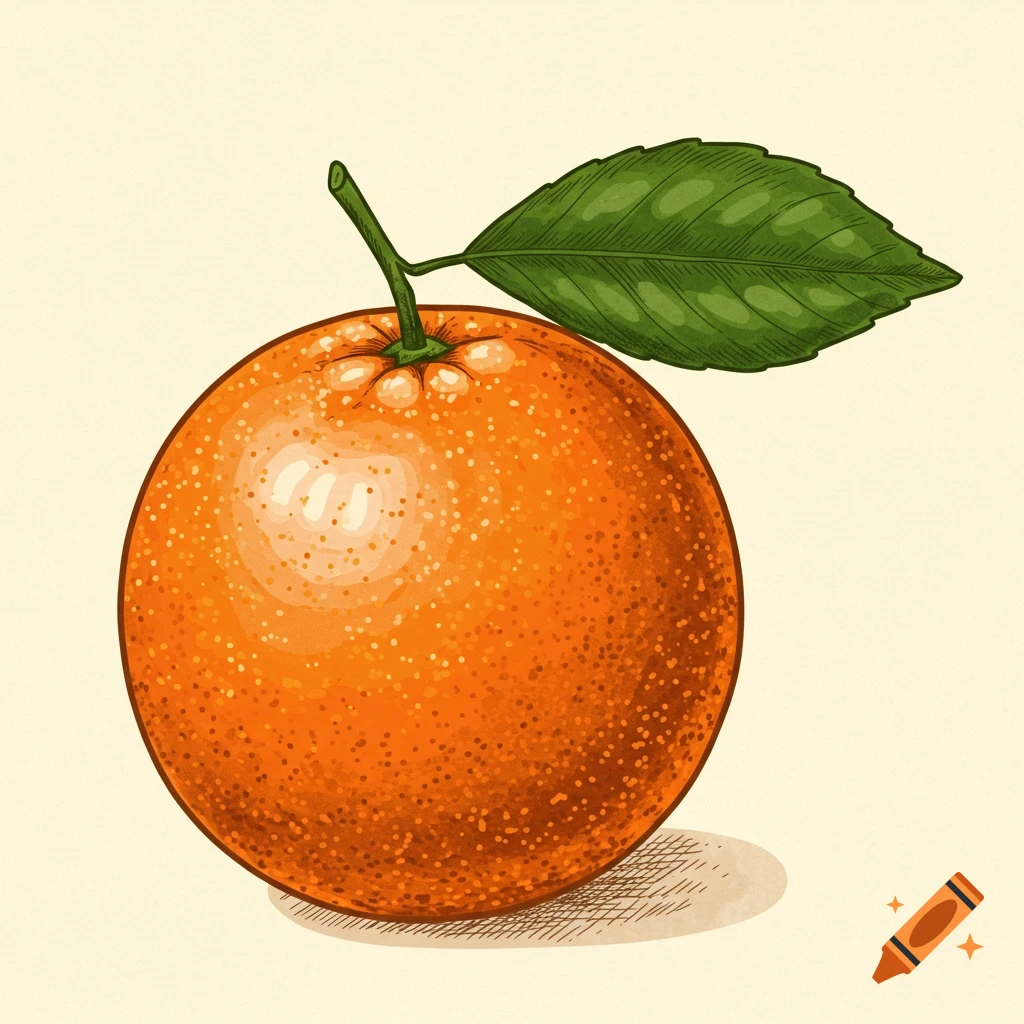 A vintage illustration of a whole orange with a single green leaf attached.