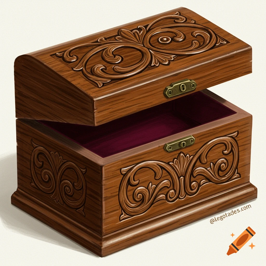 A wooden jewelry box with intricate carvings and purple lining, digitally painted.