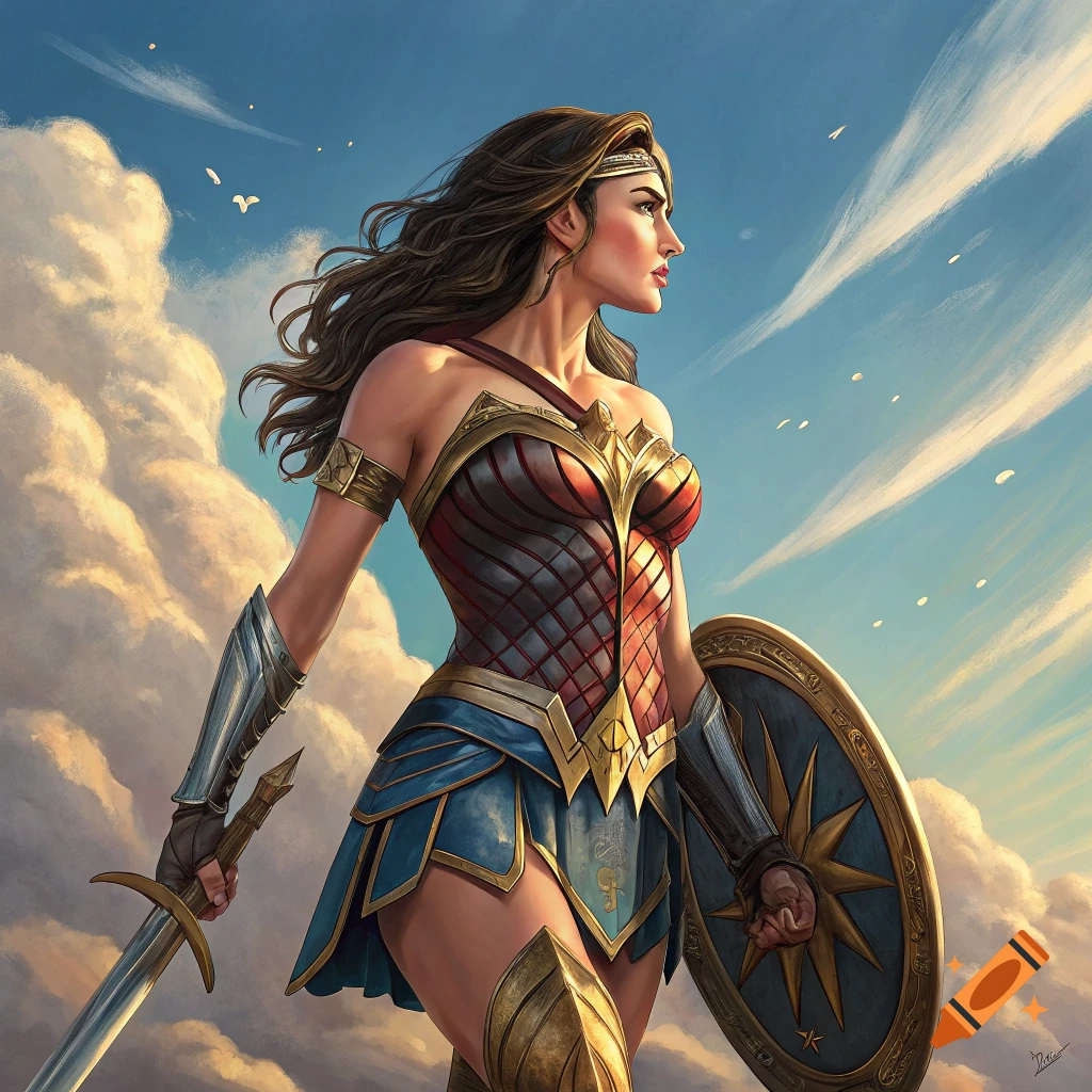 Illustration of Wonder Woman standing heroically against a cloudy sky, holding a sword and shield.