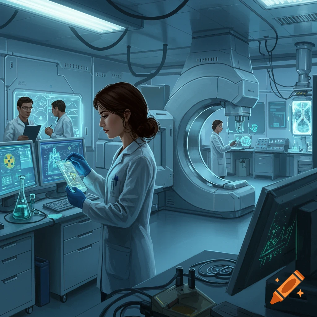 Illustrative image of scientists working in a futuristic research laboratory.