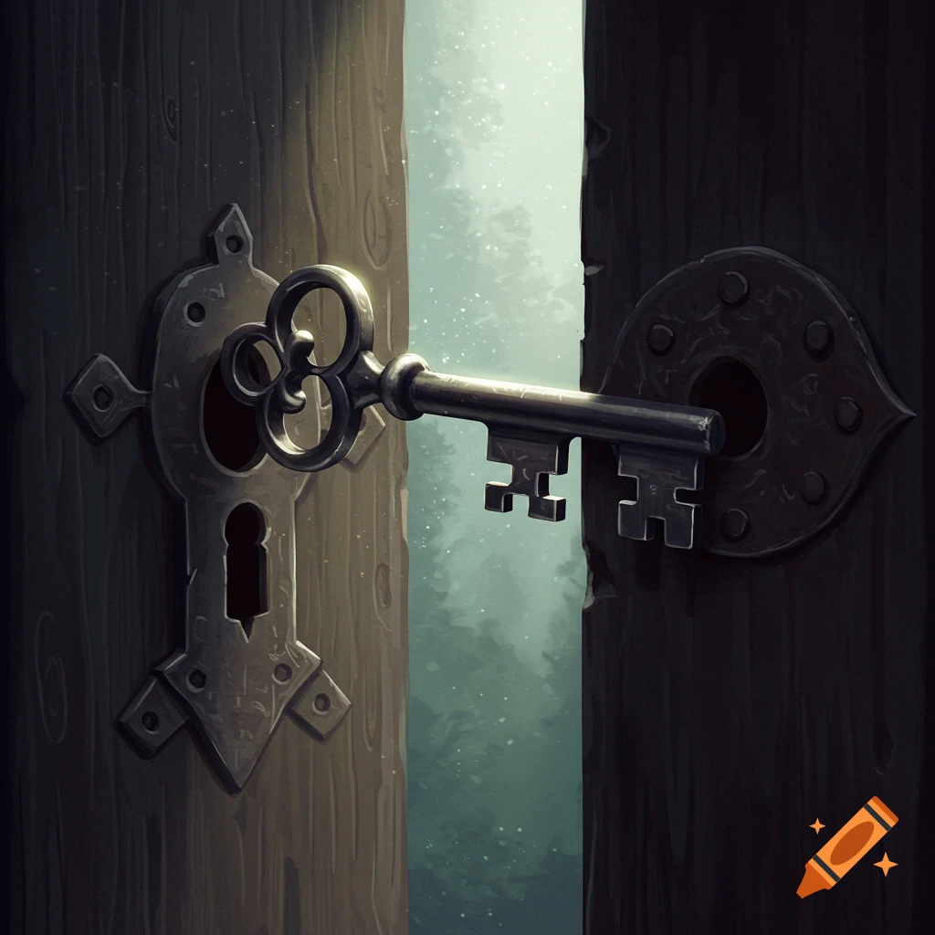 Illustrative image of a skeleton key turning in an ornate lock on an old wooden door.