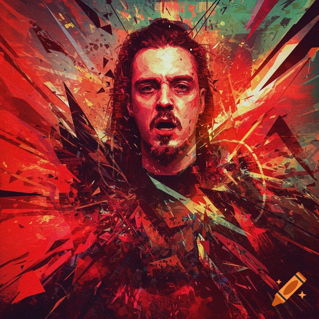 Abstract portrait of a man with long hair and beard amidst red and blue fragmented shapes