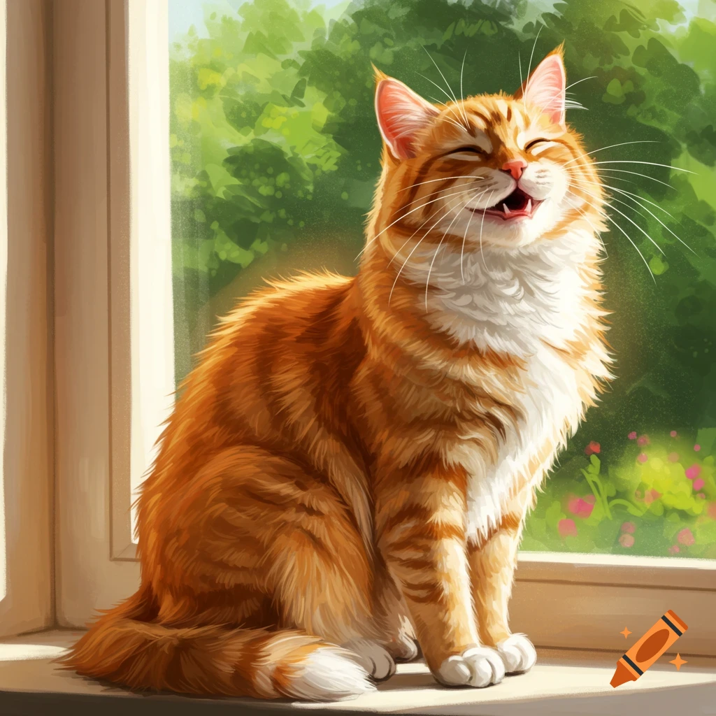 An orange tabby cat sits on a window sill in sunlight, eyes closed and mouth open in a happy expression, with green leaves outside.