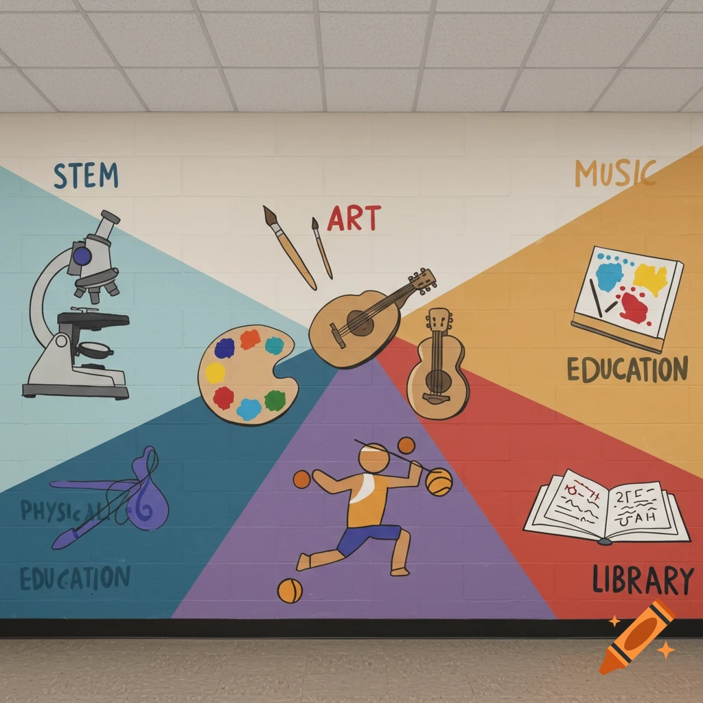 Mural on a school wall depicting icons and text for STEM, art, music, physical education, and library in a simple cartoon style.
