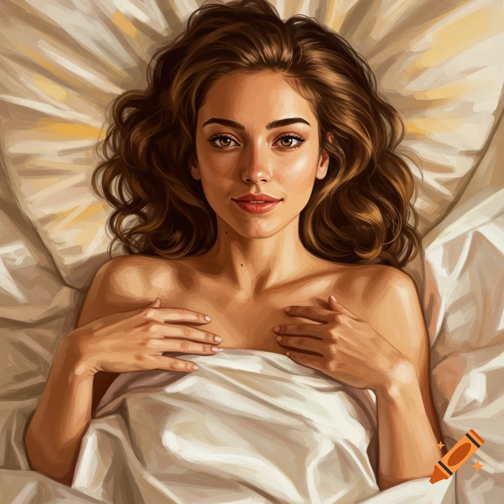 A young woman with brown hair lies in bed, covered by a white sheet, smiling at the viewer.