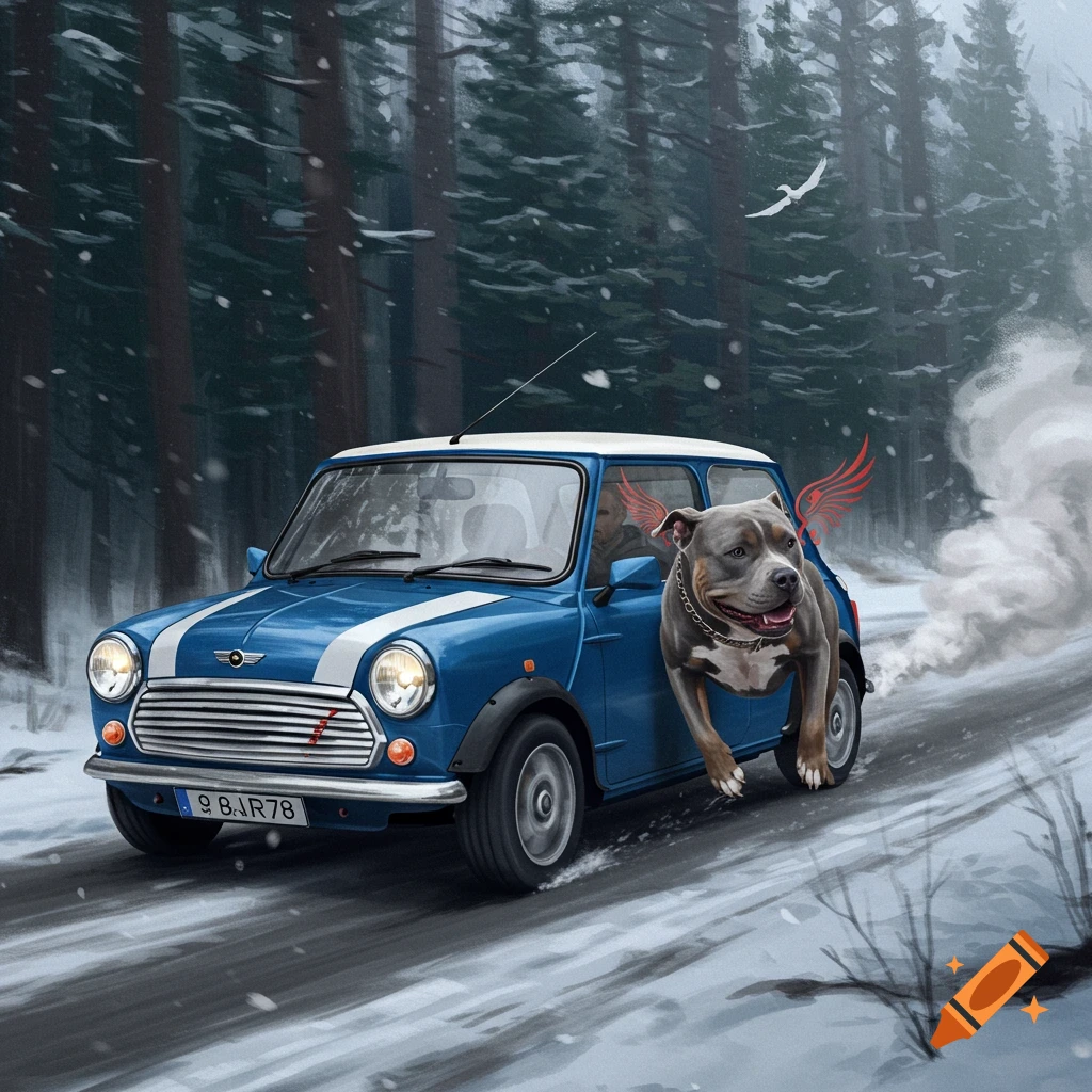 Illustration of a pit bull with red wings flying beside a blue Mini Cooper on a snowy forest road.