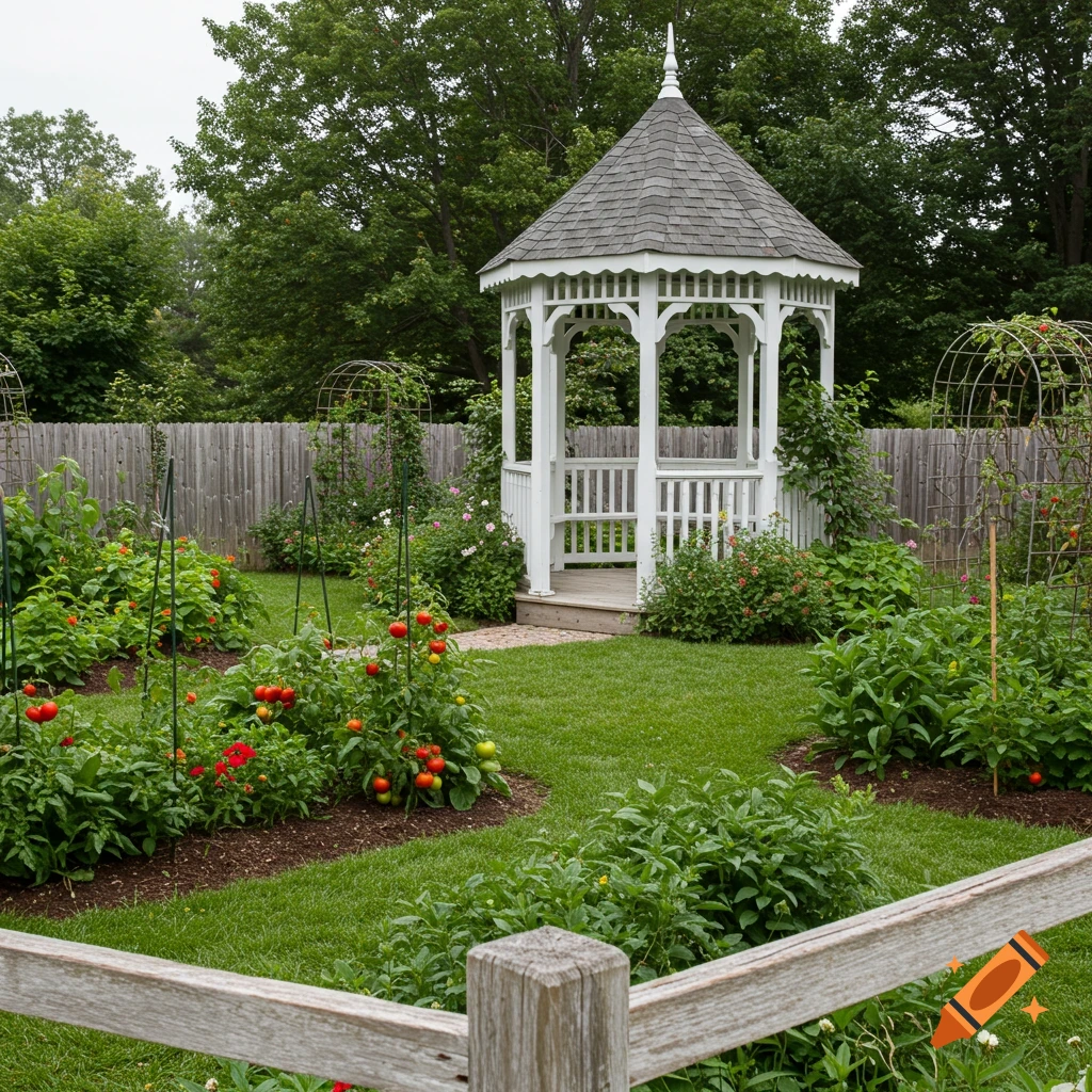 A vegetable and fruit garden with a white gazebo in the center, surrounded by a wooden fence.