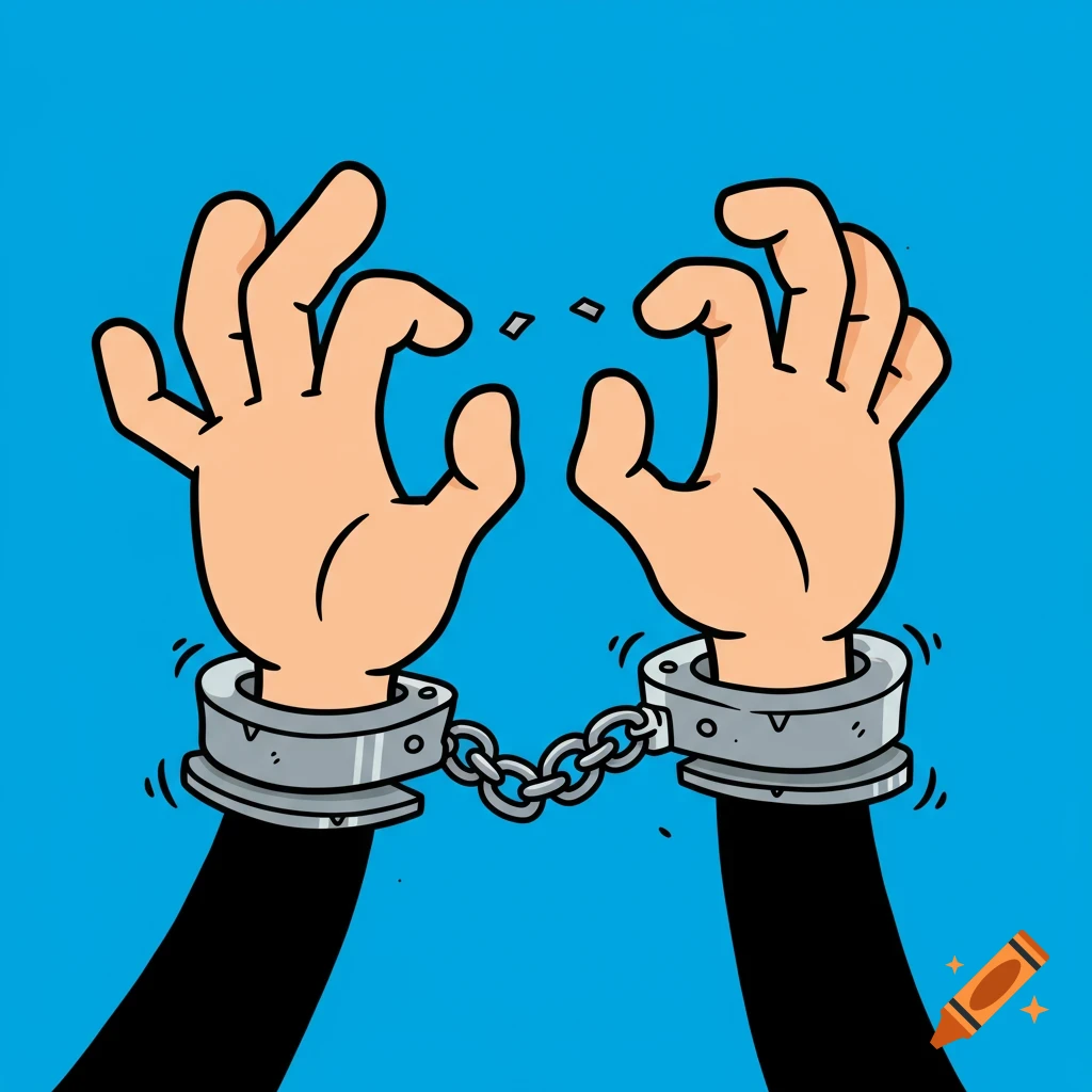 Cartoon hands breaking metal handcuffs against a blue background.