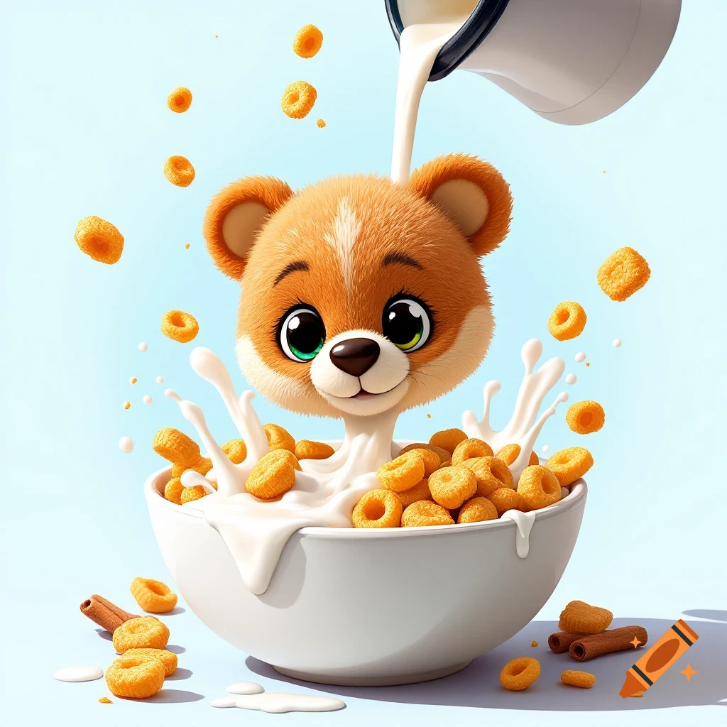 Cute cartoon bear character pops out of a bowl of cereal as milk is poured, with cereal pieces and milk splashing.