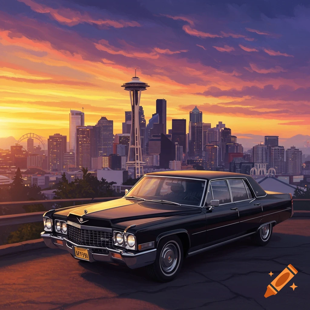 Black Cadillac sedan parked with the Seattle skyline and Space Needle at sunset, painted style.