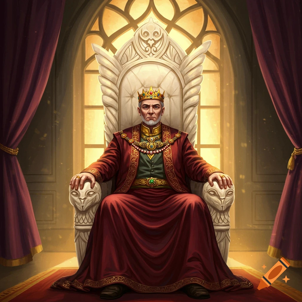 A regal king sits on an ornate throne in a palace room.