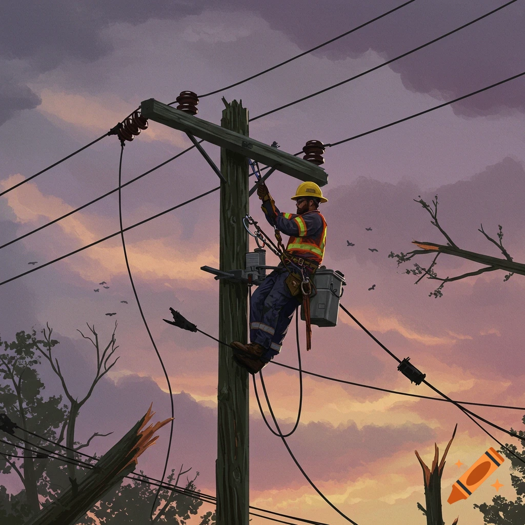 Illustration of a lineman repairing a power pole at sunset after a storm.