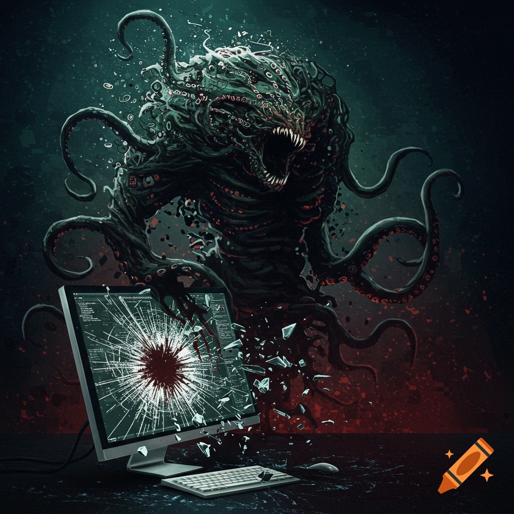 A monstrous creature with tentacles and sharp teeth erupts from a shattering computer monitor on a dark desk.