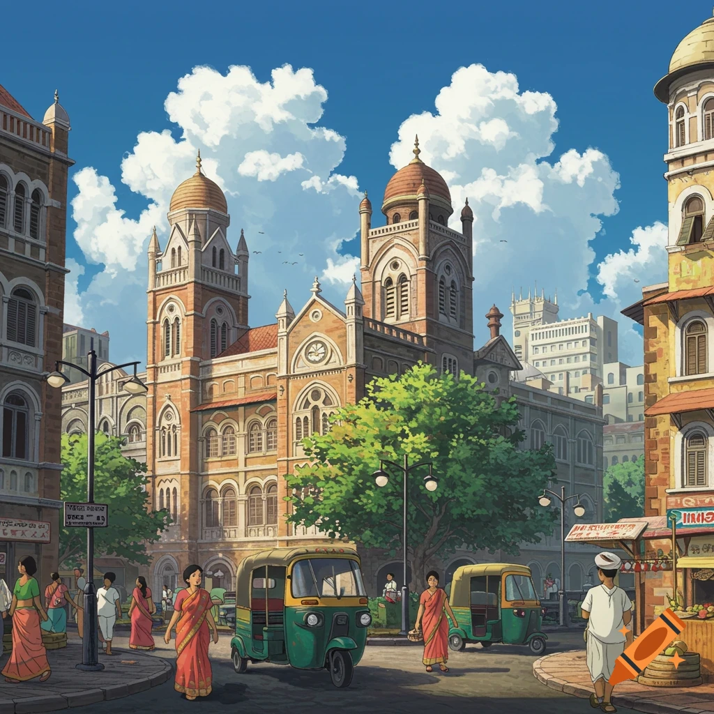 A Ghibli-style illustration of a bustling Mumbai street scene with ornate buildings, people, and auto-rickshaws.
