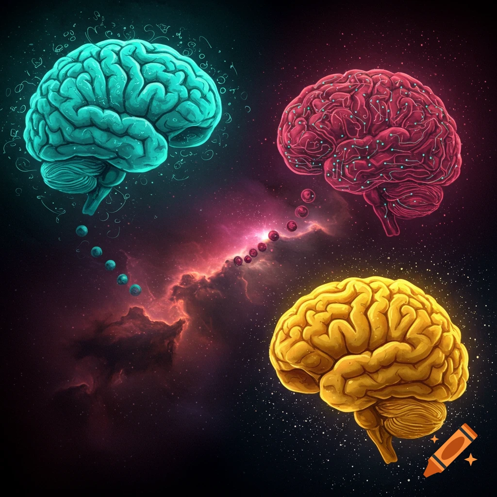 Three colorful brains float in a cosmic background.