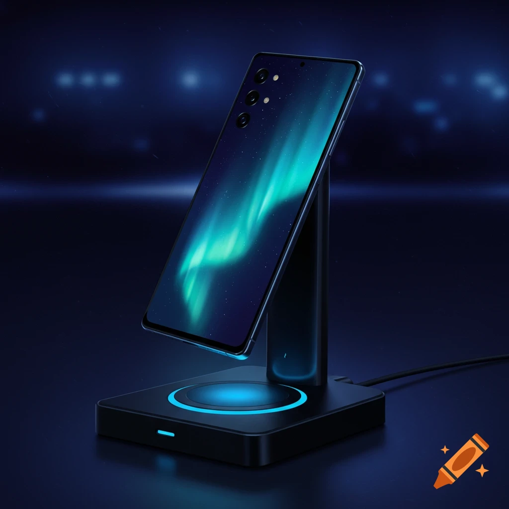 A smartphone levitates above a futuristic wireless charging station, displaying an aurora wallpaper in a dark, blue-lit scene.