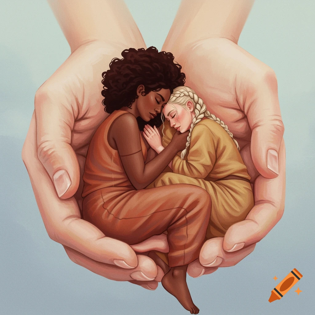 Two women sleep cuddled in large protecting hands, illustration.