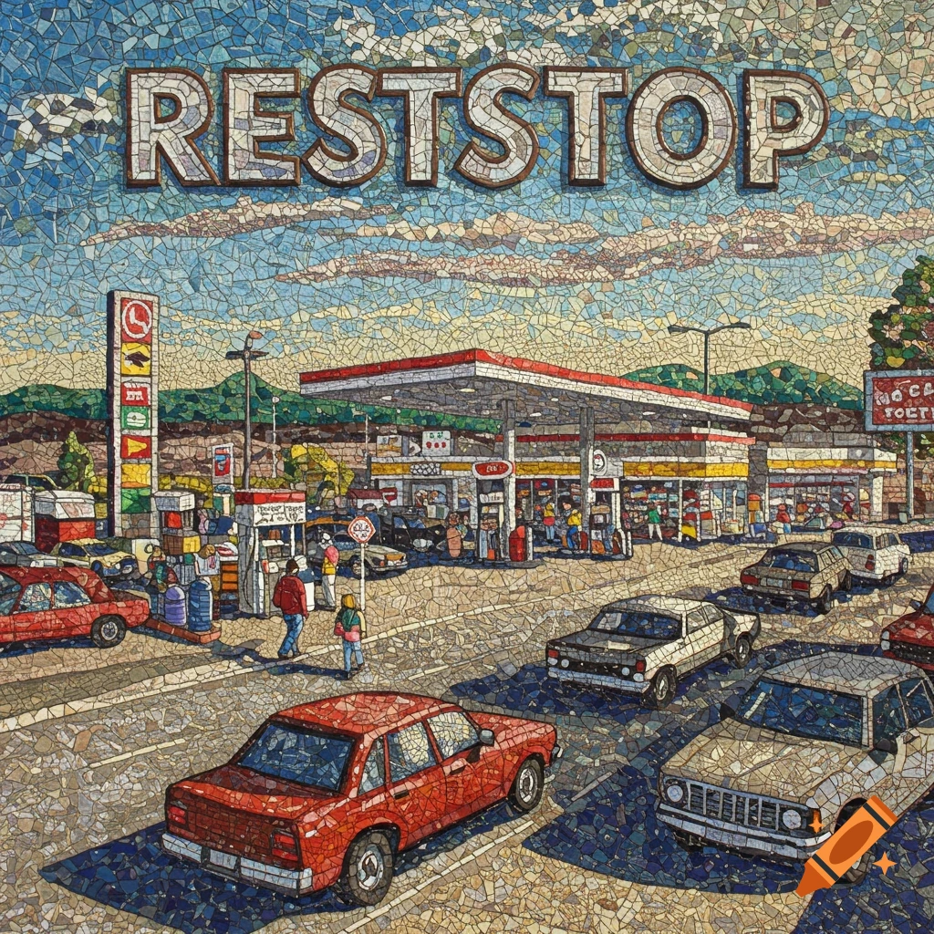 A gas station reststop scene rendered in a mosaic art style, with the word "RESTSTOP" in large letters at the top.