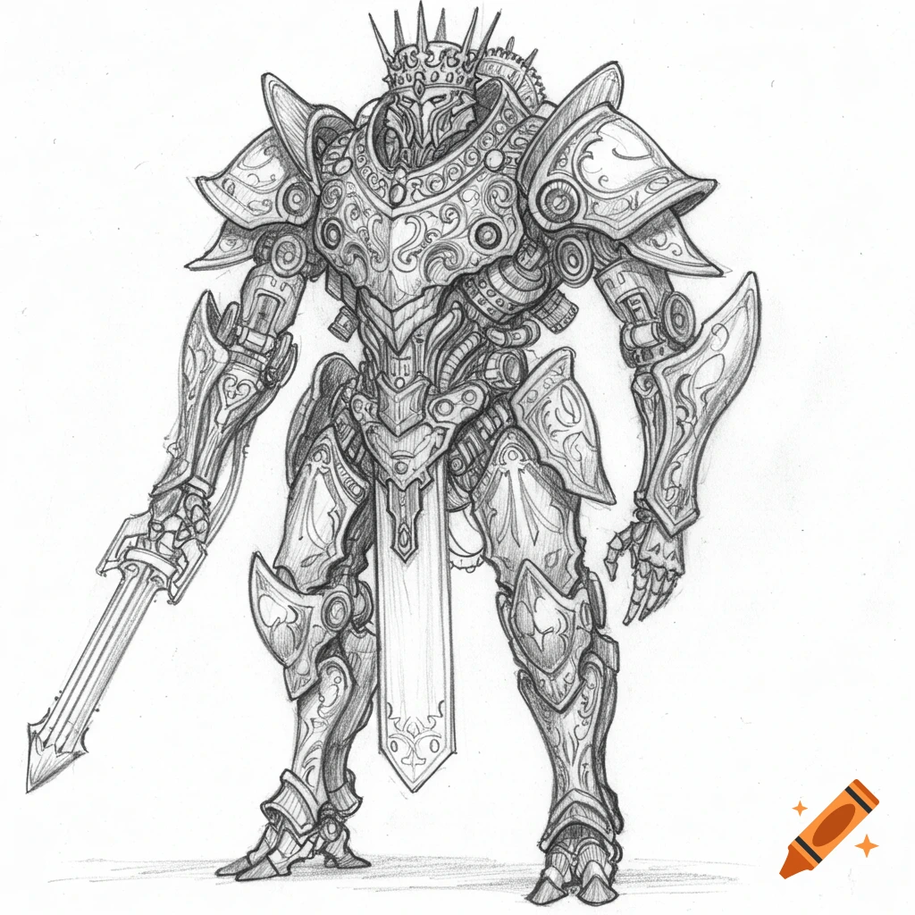 Pencil sketch of an ornate fantasy robot knight in detailed armor holding a sword.