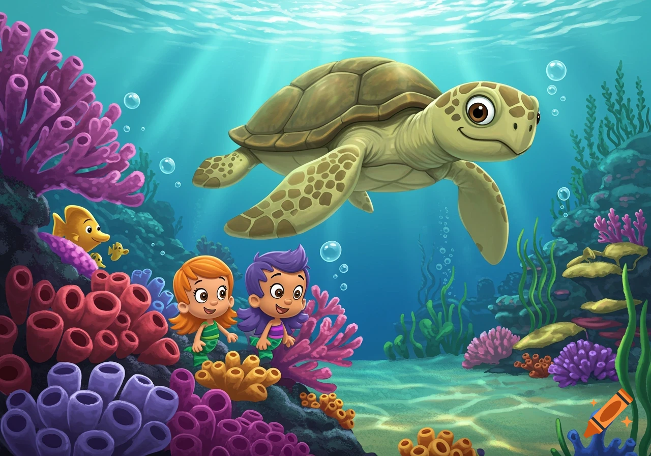 Cartoon turtle swims underwater near two mermaids hiding behind coral.