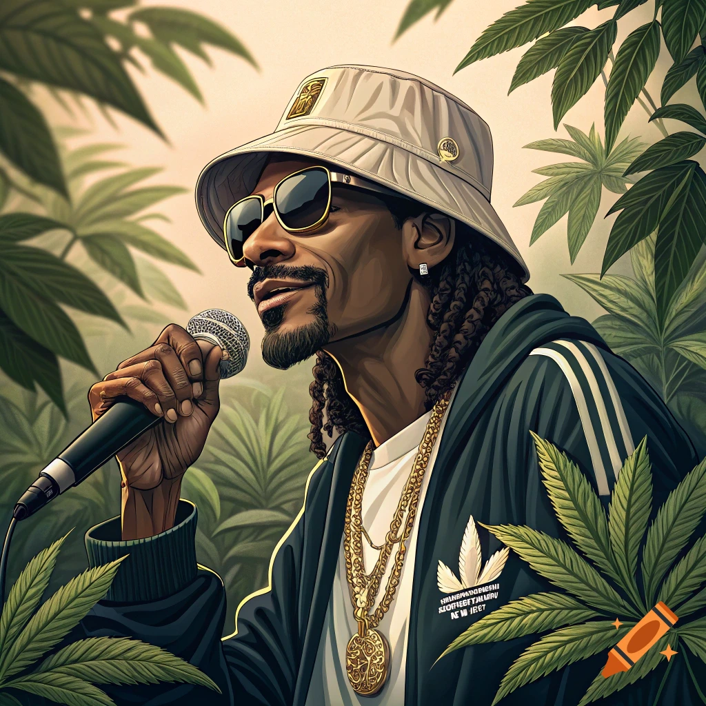 Illustration of Snoop Dogg holding a microphone among cannabis leaves