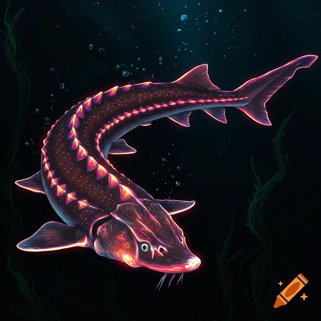 An illustration of a sturgeon glowing bright orange and pink underwater