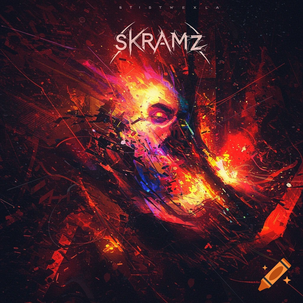Abstract digital art of a fiery face/skull with chaotic red and orange strokes and text 'SKRAMZ'.