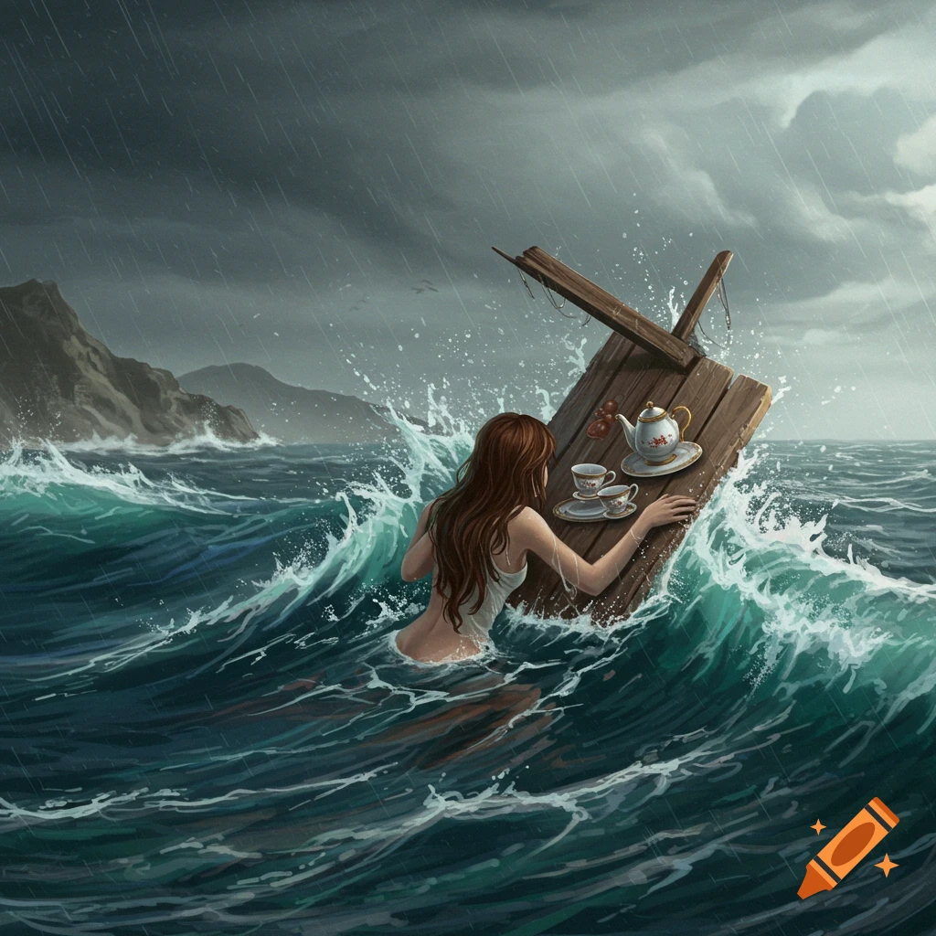 Illustration of a woman clinging to a raft with a tea set during a stormy ocean.
