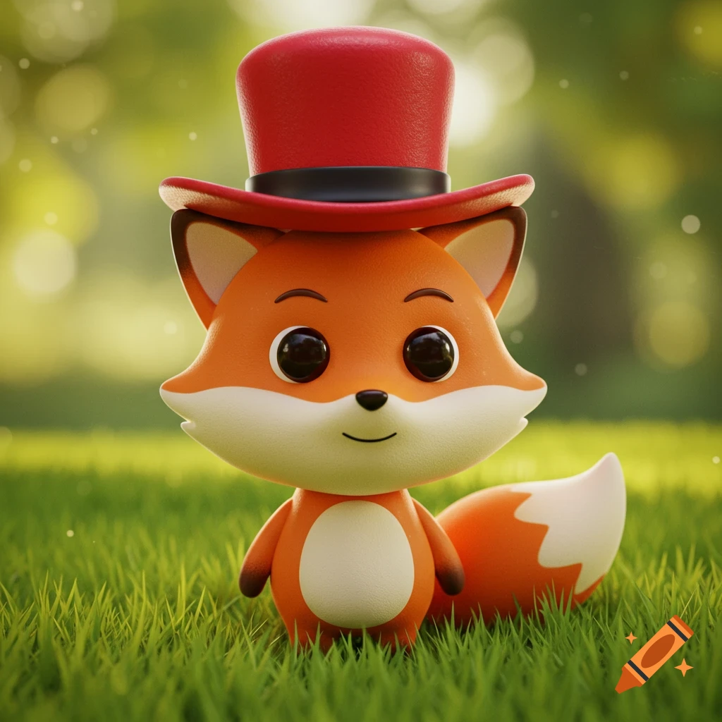 A cute 3D rendered fox wears a red top hat while sitting in grass.