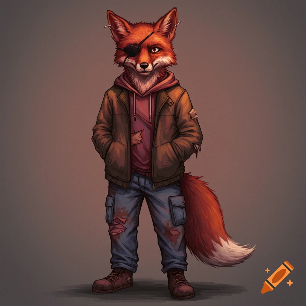 Anthropomorphic red fox with an eyepatch, wearing worn clothes, standing with hands in pockets.