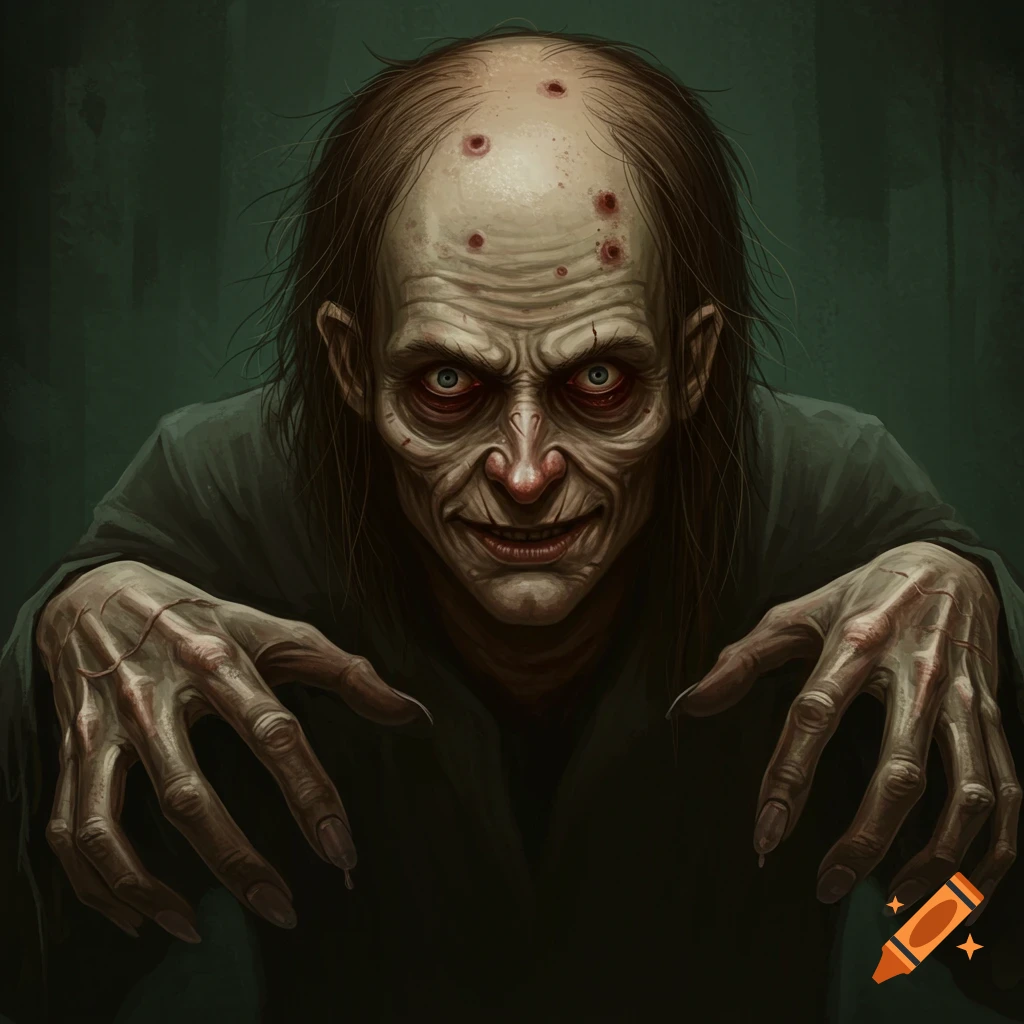 Creepy illustration of a gaunt man with bald spots, stringy hair, red eyes, and long, bony hands reaching forward.