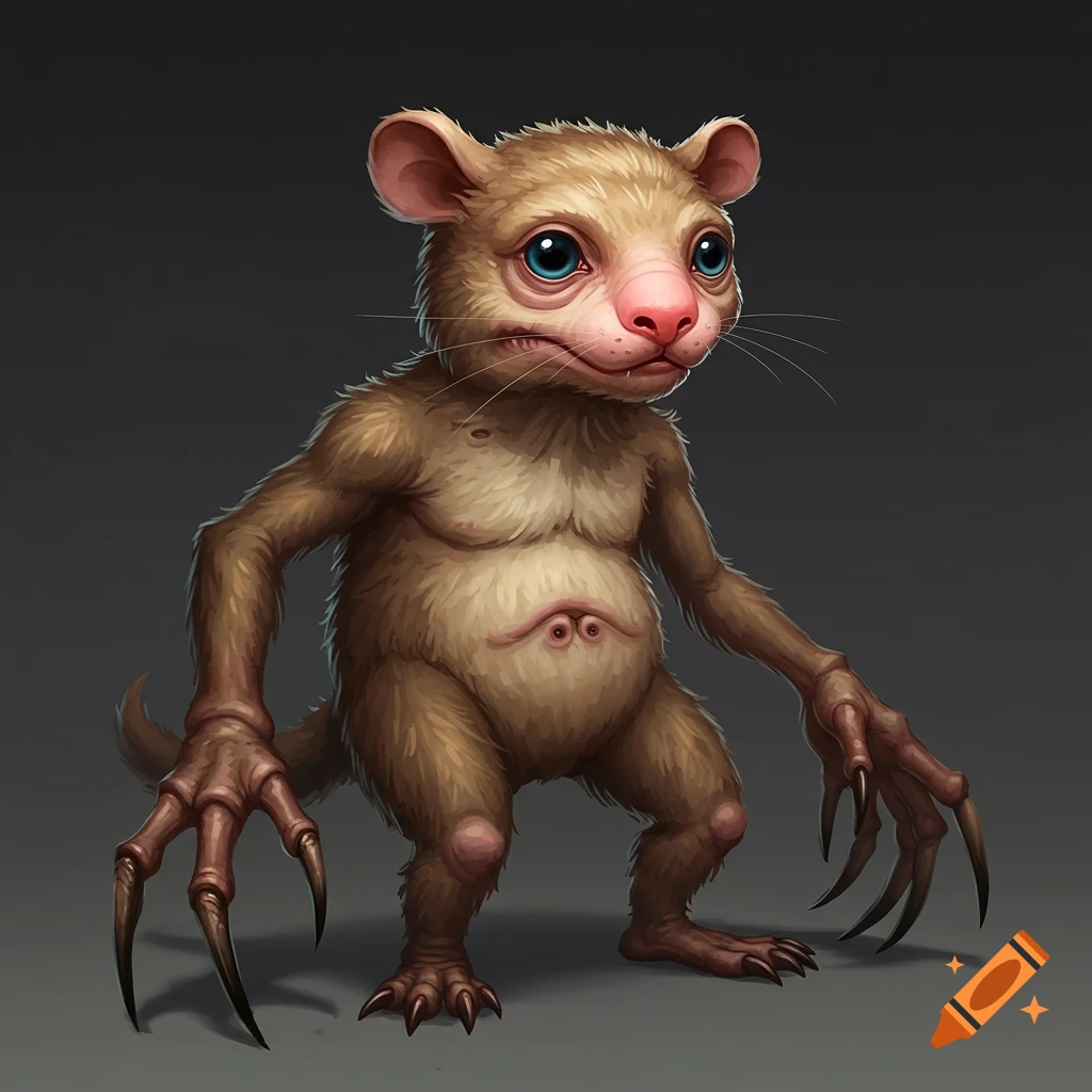 A mutated mammal creature with large blue eyes, a pink nose, sharp claws, and fur.