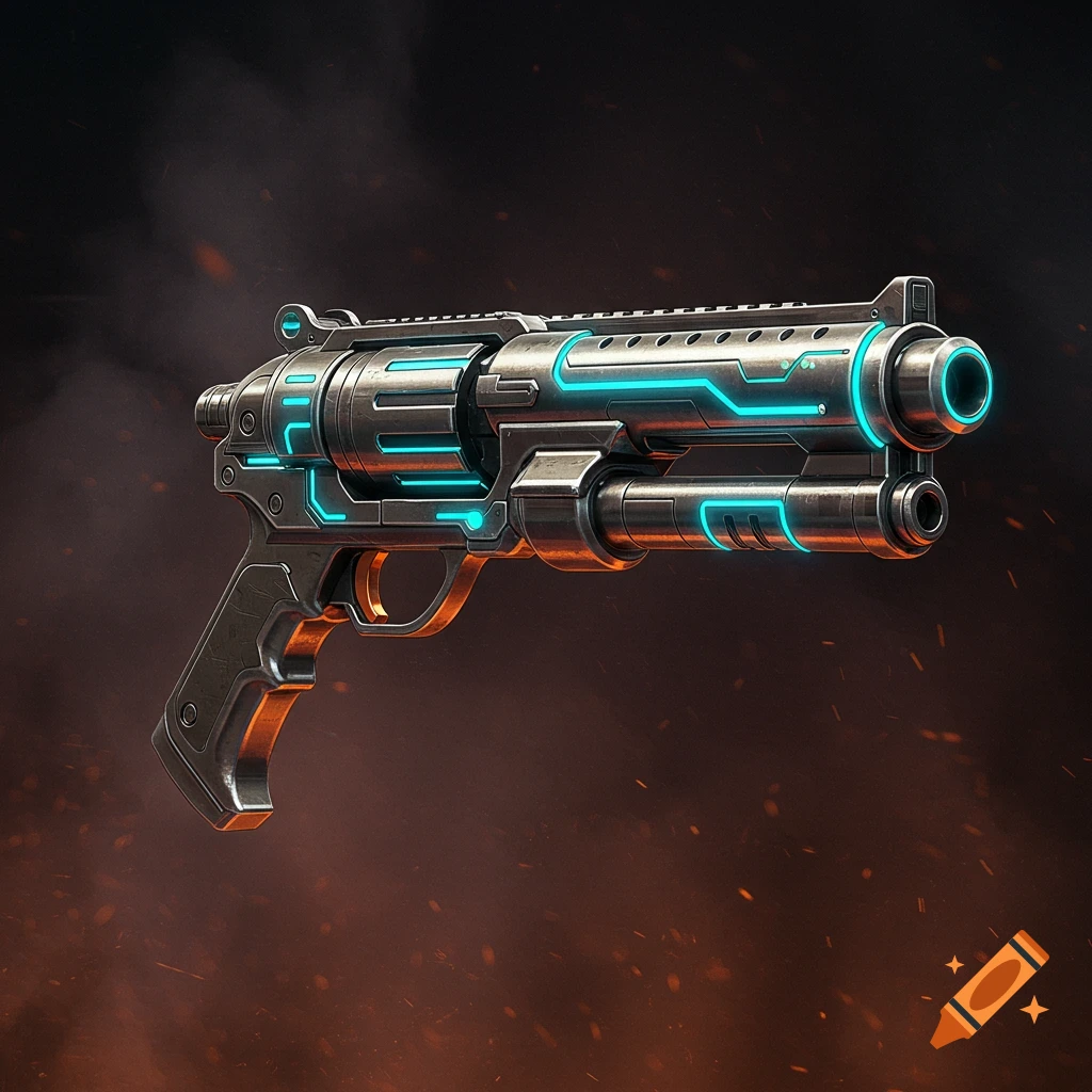 A detailed sci-fi raygun with glowing blue lights against a dark, smoky background.